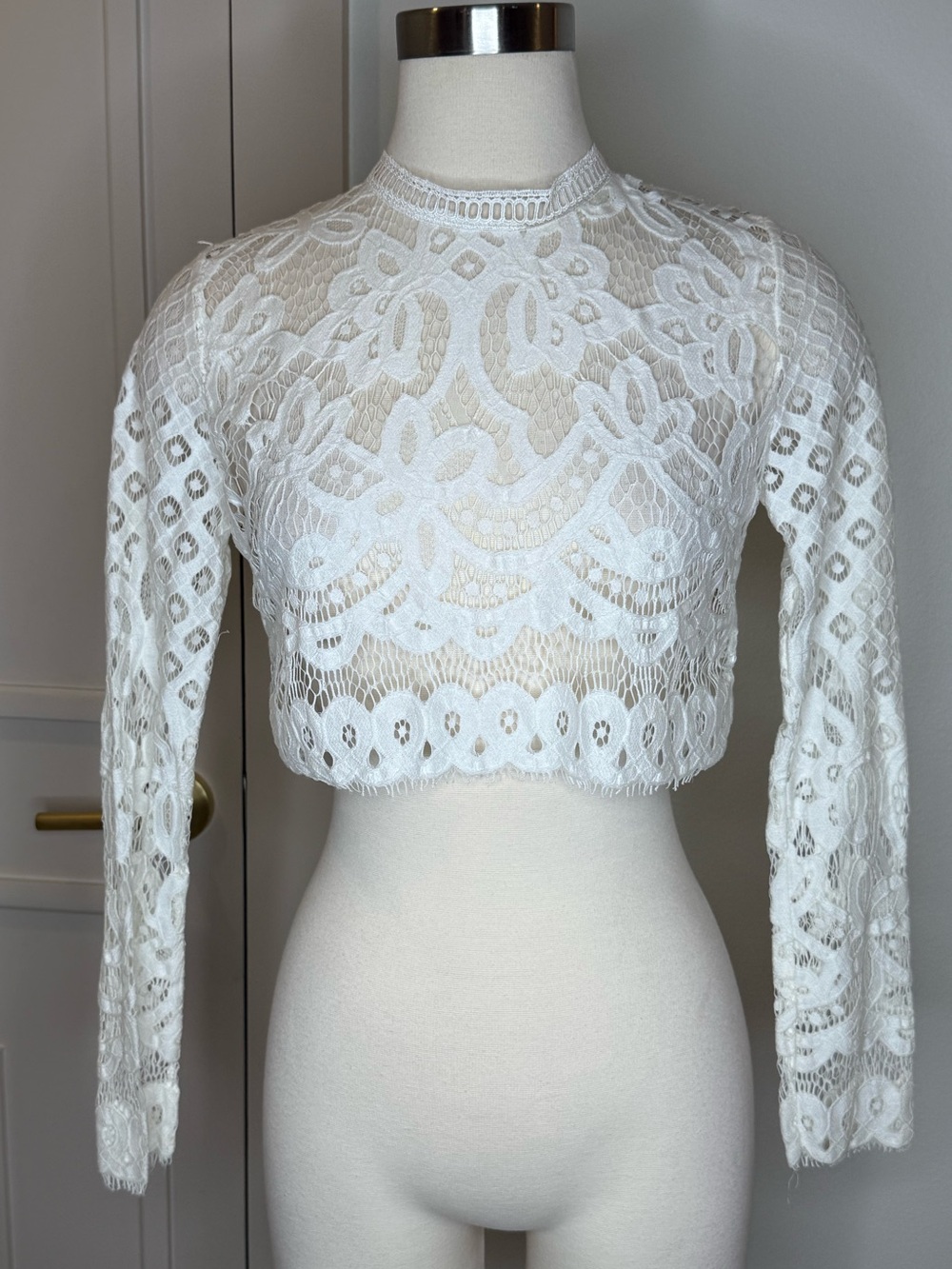 White Lace Long-Sleeve Cropped Top